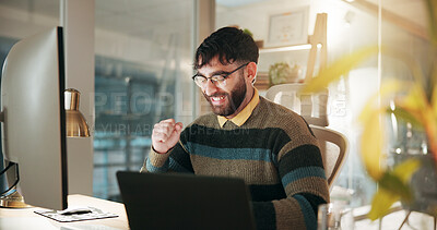 Buy stock photo Business, night and man with computer, celebration and cheering with promotion, article approval and smile. Happy person, employee or writer in workplace, excited and tech with achievement or success