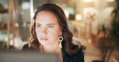 Buy stock photo Computer, reading and planning with business woman in office for research, credit risk analyst or review. Digital report, client application and underwriter feedback with person as insurance agent