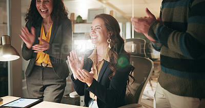 Buy stock photo Business, applause and people in office, celebration and success with profit increase. Lens flare, employees and consultant in workplace, clapping and cheering with achievement, smile and kpi target