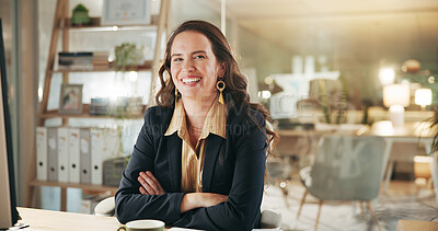 Buy stock photo Portrait, business and woman in office with crossed arms, lens flare and pride for startup. Confidence, goal and creative director in workplace with smile, vision or success for company growth.