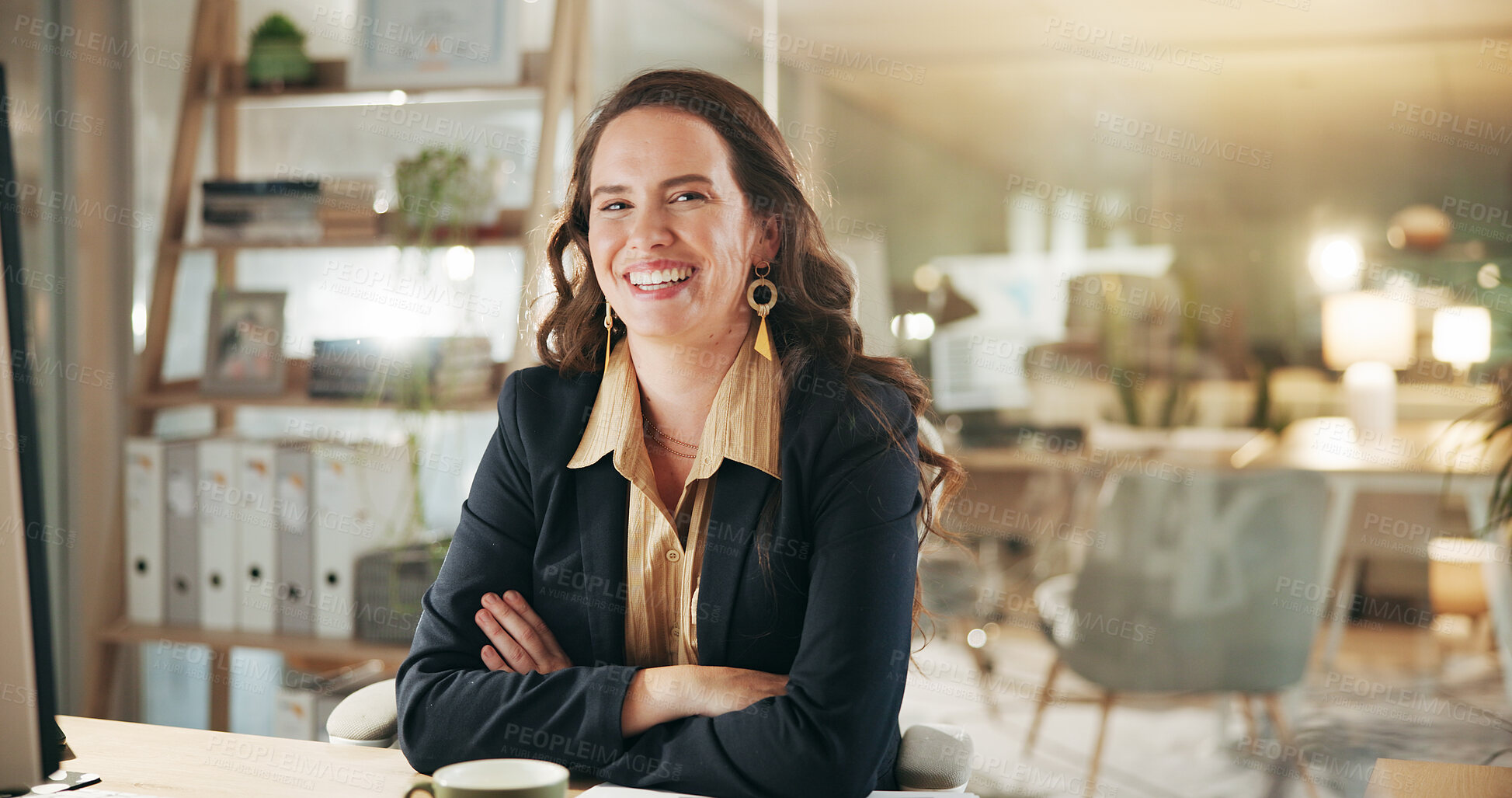 Buy stock photo Portrait, business and woman in office with crossed arms, lens flare and pride for startup. Confidence, goal and creative director in workplace with smile, vision or success for company growth.
