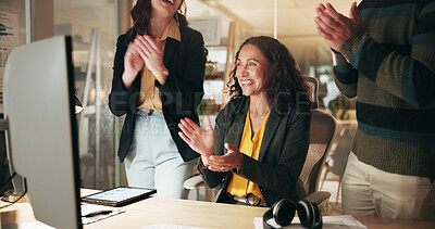 Buy stock photo Woman, applause and team with computer at startup, smile and excited for project funding at media company. Person, group and clapping hands for success, celebration and goals at creative agency