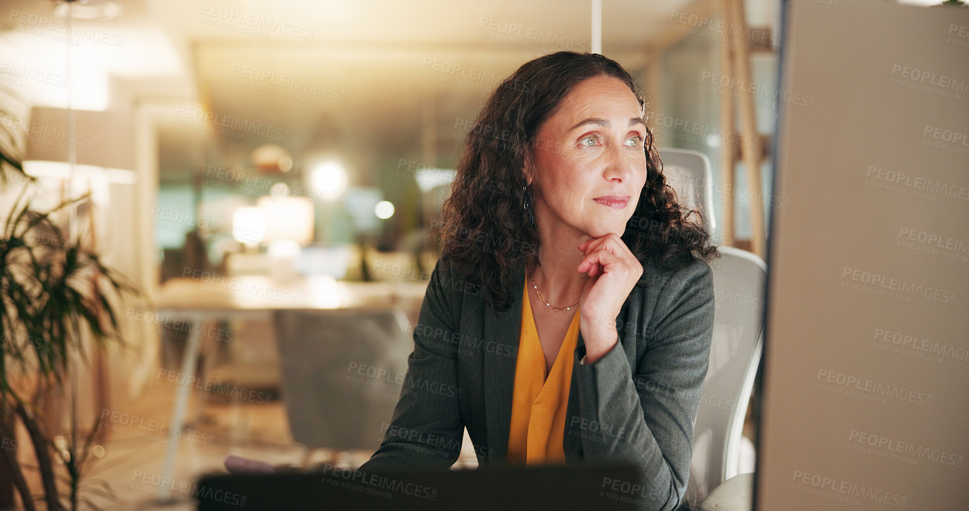 Buy stock photo Computer, reading and thinking with business woman in office for night, credit risk analyst or planning. Reflection, client application and underwriter deadline with person as life insurance agent