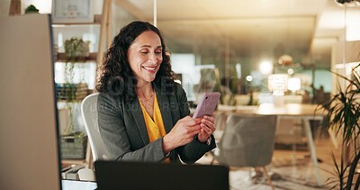 Buy stock photo Night, employee and woman with smartphone, texting and communication with client for financial help. Happy, networking and person with mobile for chat, wealth manager and working late with tech