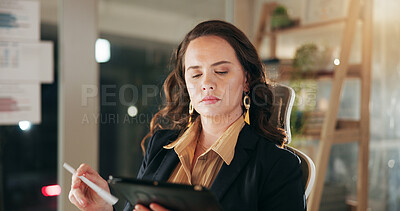 Buy stock photo Night, serious and woman with tablet in office, financial analyst and preparing for proposal on web. Business, accountant and person with tech for investment opportunity, deadline and working late