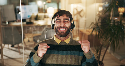 Buy stock photo Call center consultant, success and man celebrate for customer feedback, sales or target at night. Excited, telemarketing and happy agent winning prize, promotion or goal achievement on overtime
