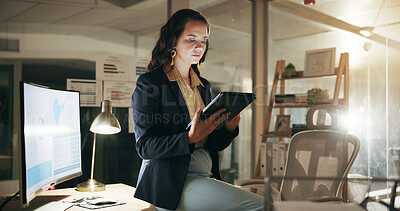 Buy stock photo Night, online and woman with laptop in office, financial analyst and prepare for proposal with data. Business, accountant and person with computer for investment opportunity, deadline or working late