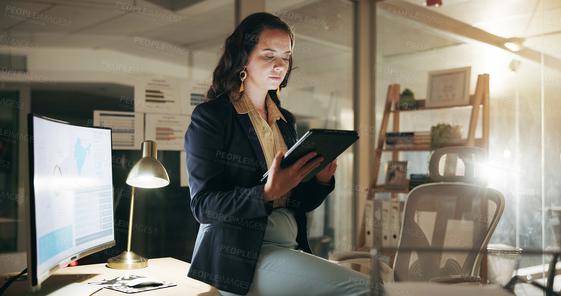Buy stock photo Night, online and woman with laptop in office, financial analyst and prepare for proposal with data. Business, accountant and person with computer for investment opportunity, deadline or working late