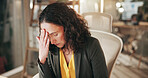 Stress, migraine and businesswoman in office at night with burnout or fatigue finance report deadline. Headache, anxiety and financial manager with frustration for mistake on investment proposal.
