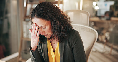 Buy stock photo Stress, migraine and businesswoman in office at night with burnout or fatigue finance report deadline. Headache, anxiety and financial manager with frustration for mistake on investment proposal.