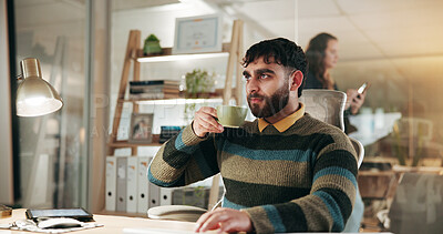 Buy stock photo Night, computer and man with coffee in office, deadline or accountant with assignment and corporate. Employee, working late and person with beverage for financial report, online and budget on website