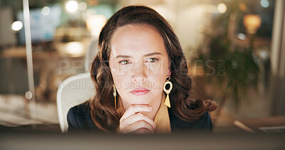 Buy stock photo Computer, planning and thinking with business woman in office for research, credit risk analyst or reading. Reflection, client application and underwriter feedback with person as life insurance agent