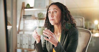 Buy stock photo Coffee, reading and computer with business woman in office for planning, caffeine fix and project research. Tea break, online review and drinking beverage with person and mug in agency for feedback