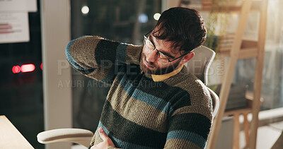 Buy stock photo Business, neck pain and man in office, burnout and creative agency with fibromyalgia. Person, web designer and employee with joint injury, massage and muscle tension with discomfort or bad posture