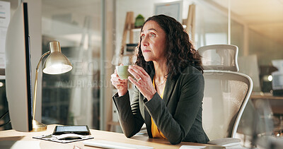 Buy stock photo Coffee, planning and computer with business woman in office for reading, caffeine and project research. Tea break, online review and drinking beverage with person and mug in agency for feedback