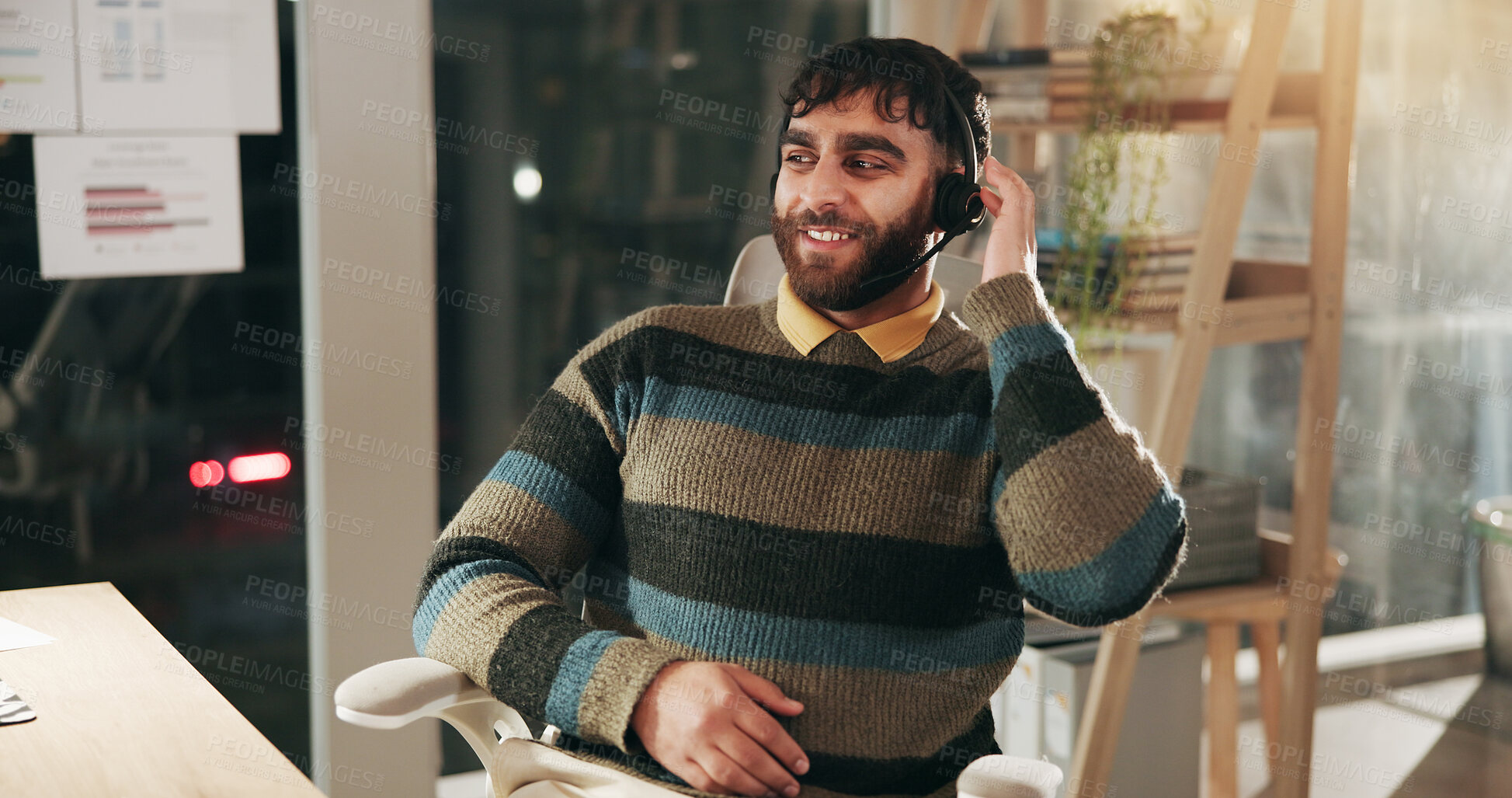 Buy stock photo Call center consultant, night and smile with man for investment advice, finance or loan. Headset, listening and contact us with agent for banking assistance, charts and crm analysis on overtime