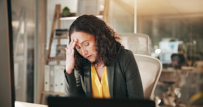 Buy stock photo Fatigue, headache and businesswoman in office at night with burnout or stress finance report deadline. Migraine, anxiety and financial manager with frustration for mistake on investment proposal.