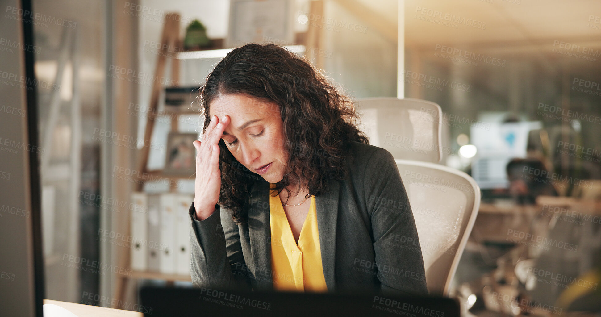 Buy stock photo Fatigue, headache and businesswoman in office at night with burnout or stress finance report deadline. Migraine, anxiety and financial manager with frustration for mistake on investment proposal.