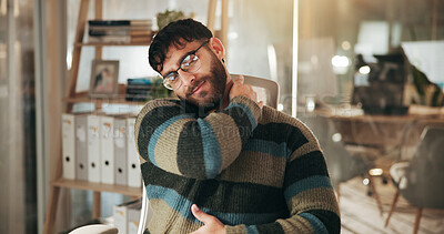 Buy stock photo Business, neck pain and man in office, stress and creative agency with fibromyalgia. Person, web designer and employee in workplace, massage and muscle tension with burnout, discomfort or bad posture