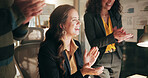 Woman, applause and team with celebration at startup, smile and excited for project funding at media company. Person, group and clapping hands for success, motivation and goals at creative agency