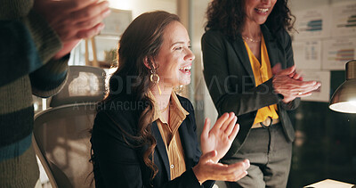 Buy stock photo Woman, applause and team with celebration at startup, smile and excited for project funding at media company. Person, group and clapping hands for success, motivation and goals at creative agency