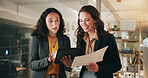 Office, documents and business women on tablet for planning, budget review and proposal. Corporate, teamwork and people on digital tech for investment research, financial report and meeting at night
