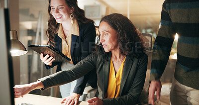 Buy stock photo Night, pointing or people in office with computer, planning or coaching in finance company. Overtime, tablet or team in workplace with audit discussion, financial review or mentorship in business.