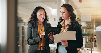 Buy stock photo Office, documents and business people on tablet for meeting, budget review and proposal. Corporate, teamwork and women on digital tech for trading research, financial report and discussion at night