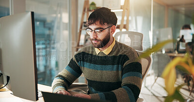 Buy stock photo Night, man and research on computer in office, deadline or accountant with assignment and corporate. Employee, working late and person with tech for financial report, online and budget on website