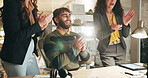 Man, applause and team with celebration at startup, excited and praise for project goals at media company. Person, group and clapping hands with success, happy and motivation at creative agency