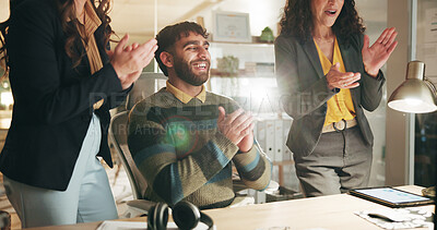 Buy stock photo Man, applause and team with celebration at startup, excited and praise for project goals at media company. Person, group and clapping hands with success, happy and motivation at creative agency