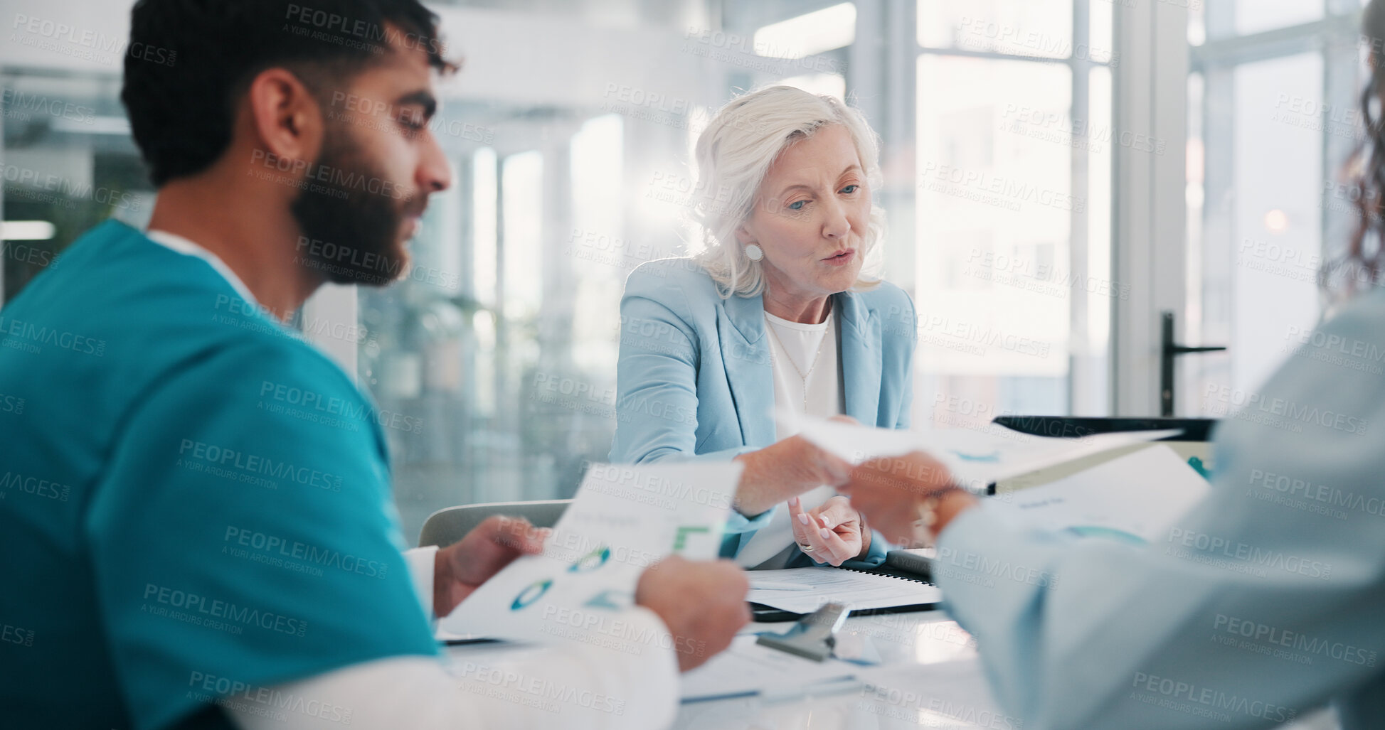 Buy stock photo Doctor, documents and people in meeting, discussion and medical planning with information. Charts, healthcare or employees with teamwork, clinic results and problem solving with report analysis