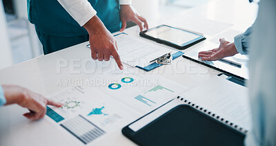 Buy stock photo Business people, hands or medical team with documents in meeting for progress report in hospital. Group, employees or healthcare workers with paperwork, graph or chart for clinic performance or stats