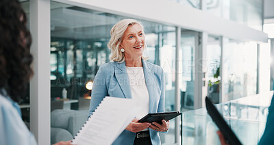 Buy stock photo Business, discussion and people in office with technology, brief and consultation in company. Smile, talk and finance team in meeting room with tablet, communication and collaboration for research.