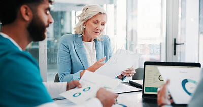 Buy stock photo Hospital, meeting and people with paperwork for finance report, budget and research funding. Healthcare, team and workers with graph, statistics and documents for insurance, medical grant or revenue