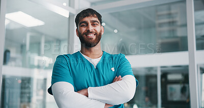 Buy stock photo Arms crossed, nurse and portrait of man in hospital for healthcare consultant, smile and confidence. Medical specialist, happy and nursing advisor with person in clinic for opportunity and about us