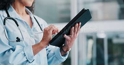 Buy stock photo Hands, medical and tablet with doctor in hospital for insurance, planning or research agenda. App, schedule and scrolling with woman in clinic for healthcare assessment as medicine professional