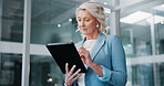 Mature, office and business woman on tablet for online proposal, revenue growth and expense report. Manager, corporate and person on digital tech for finance review, company budget and planning