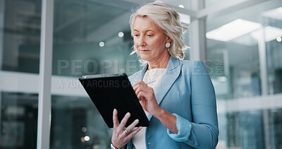 Buy stock photo Mature, office and business woman on tablet for online proposal, revenue growth and expense report. Manager, corporate and person on digital tech for finance review, company budget and planning