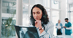 Woman, doctor or thinking with x ray in hospital for examination, medical procedure or test results. Thoughtful, female person or healthcare professional with MRI radiograph for diagnosis in clinic
