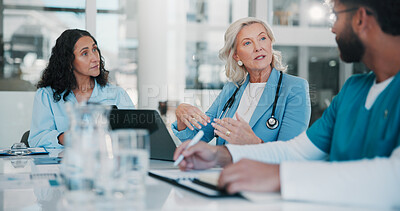 Buy stock photo People, laptop and doctor in meeting, discussion and healthcare with cooperation. Medical group, connection and employees in hospital, computer and research for diagnosis,  conversation and feedback