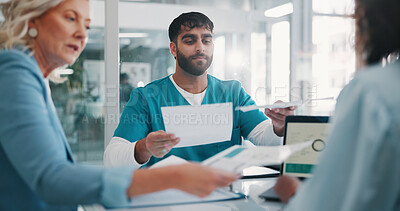 Buy stock photo Hospital, meeting and people with documents for finance report, budget and clinic funding. Healthcare, team and workers with graph, statistics and paperwork for insurance, medical grant and revenue