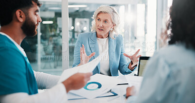 Buy stock photo Hospital, meeting and manager with doctor and documents for finance report, budget and funding. Healthcare, team and people with graph, research and paperwork for insurance, medical grant and revenue