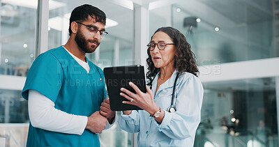 Buy stock photo Tablet, doctor and people with planning, discussion and medical results with online report. Employees, man and woman with conversation, tech and review for clinical trial, cooperation and healthcare