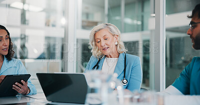 Buy stock photo Doctor, woman and people in hospital, meeting and medical planning with solution. Group, healthcare professional and employees with conversation, problem solving and clinic results with advice