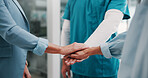 Business people, nurse and meeting with hands together for team unity, solidarity or mission. Group, employees or healthcare workers with pile or stack for medical trust or collaboration in clinic