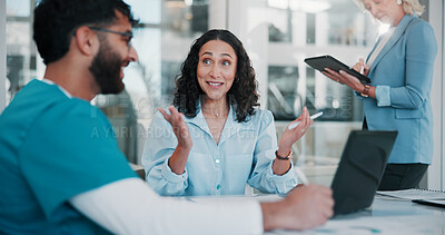 Buy stock photo People, laptop and doctor in meeting, conversation and healthcare with cooperation. Medical group, connection and employees in hospital, computer and research for diagnosis, discussion and innovation