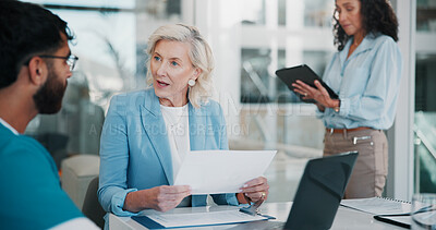 Buy stock photo Doctor, woman and people in hospital, documents or medical planning with solution. Problem solving, healthcare professional or employees in meeting, teamwork or clinic results with schedule or advice