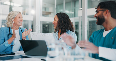 Buy stock photo Doctor, woman and people in hospital, applause and medical planning with solution. Clapping, healthcare and employees with conversation, medicine achievement or clinic results with success or smile