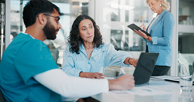 Buy stock photo Research, planning or medical team in meeting at hospital with laptop, teamwork approval for surgery. Diversity, doctors or people in discussion with notes, collaboration or innovation in healthcare 